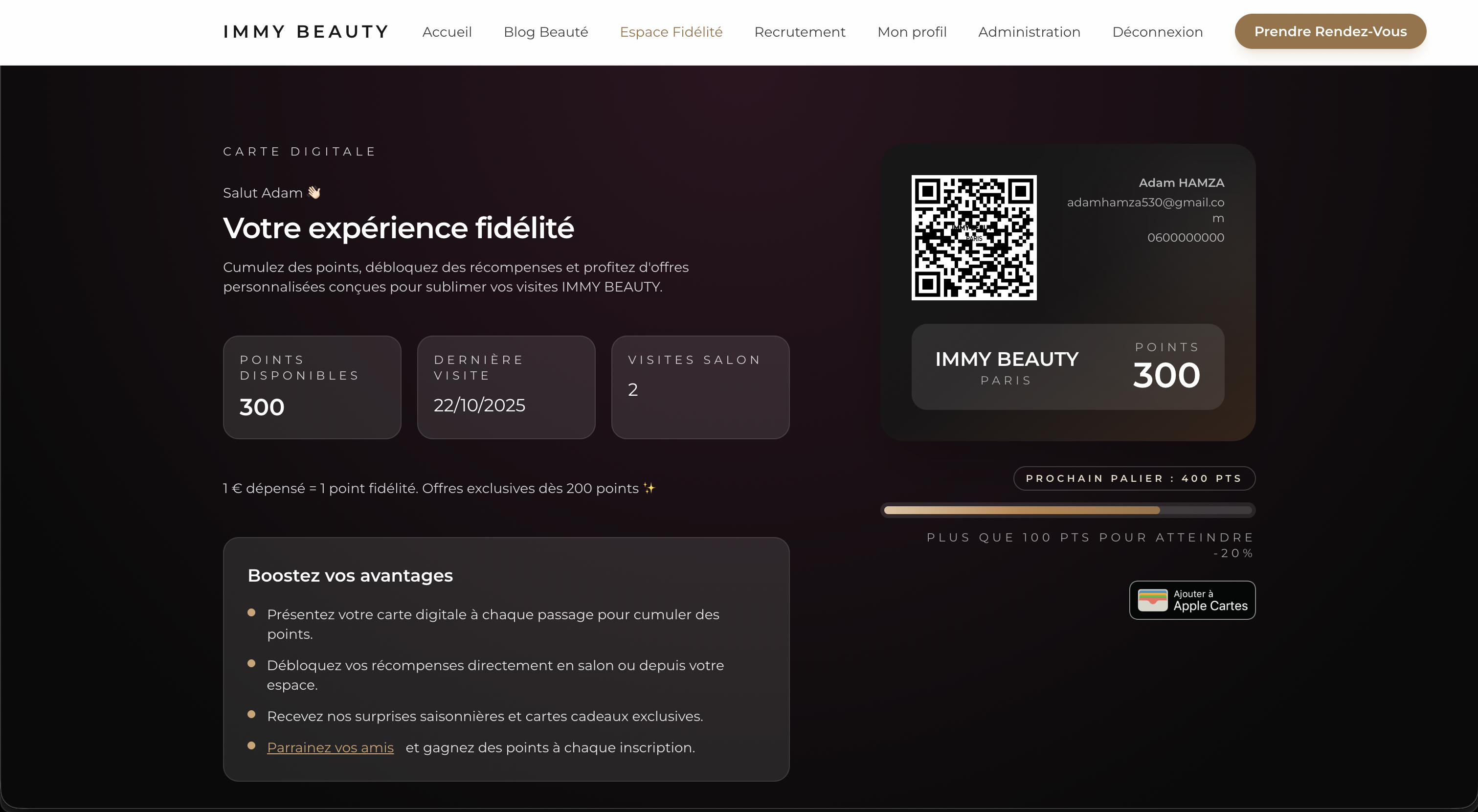 Espace fidélité web côté client